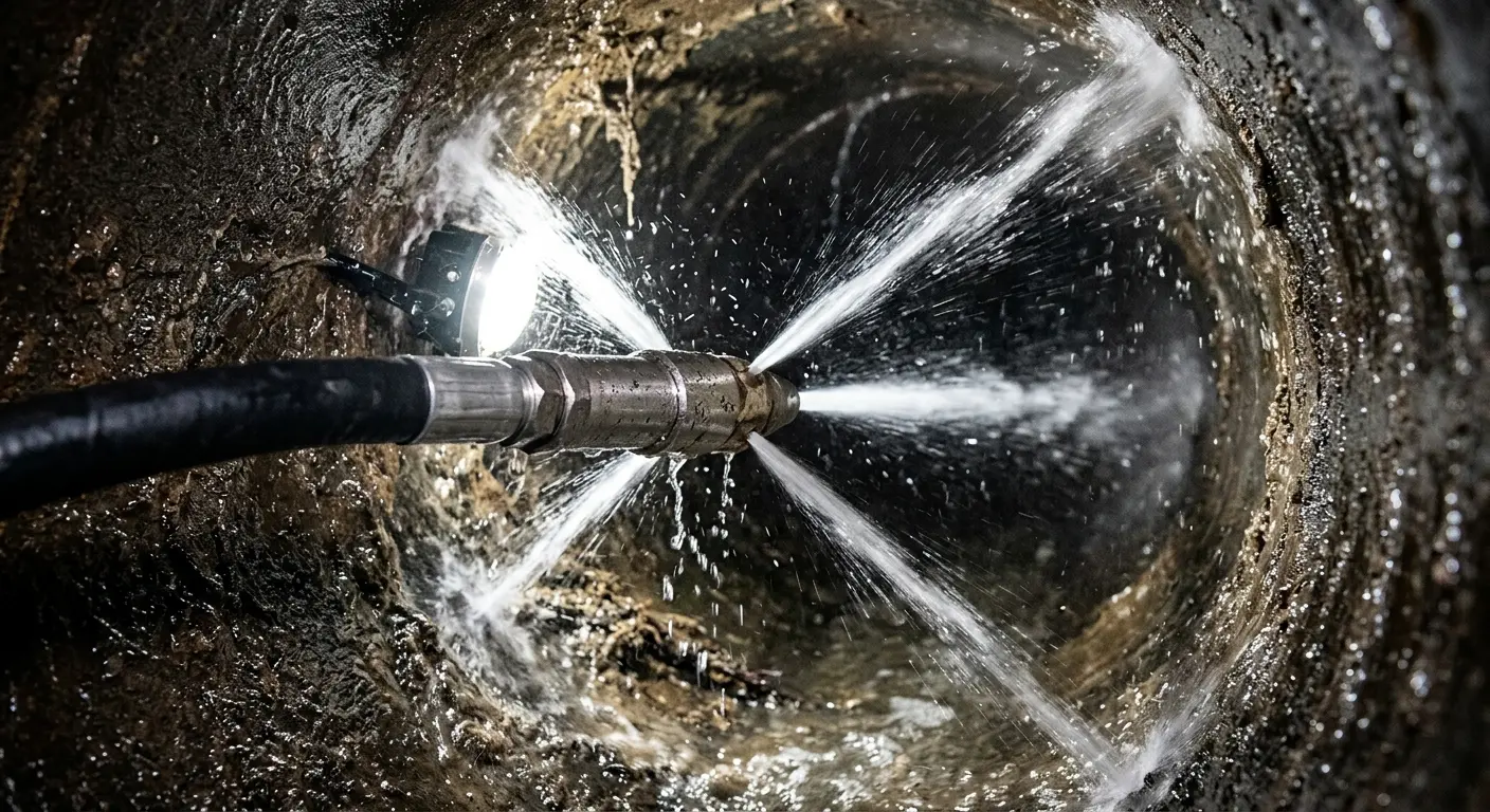 High-pressure hydro jetting nozzle cleaning sewer pipe for Trenchless Sewer Repair in Hopedale