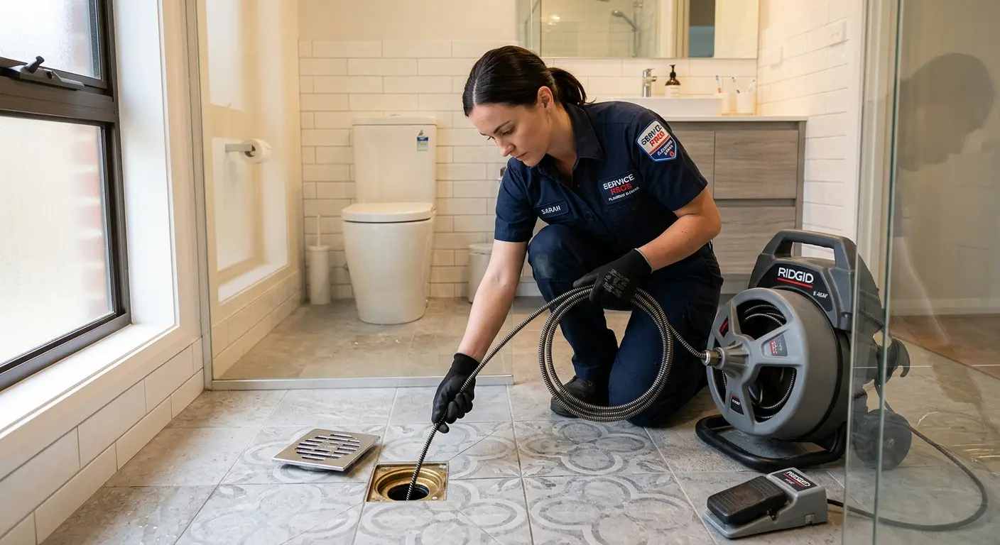 Technician clearing a bathroom floor drain for Drain Cleaning in Hopedale